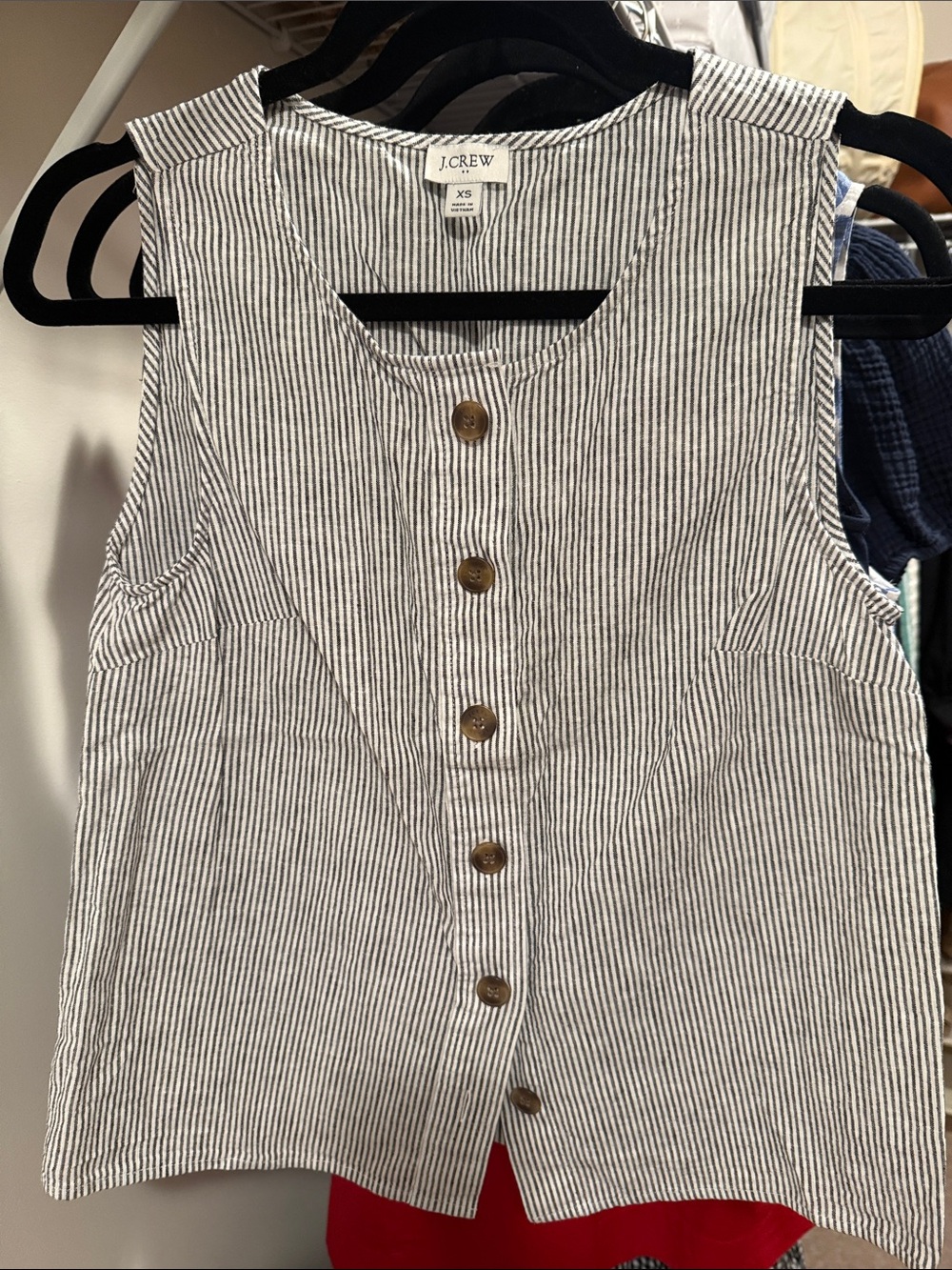 J. Crew Factory linen and cotton Navy and White Striped Button-Front Tank